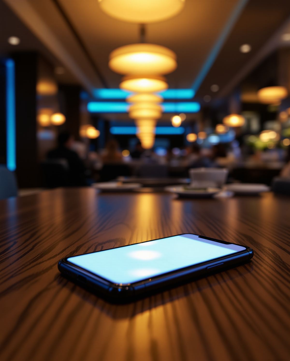 Smartphone on a restaurant table in a busy dining room
